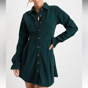 Lulus Autumn Mood Emerald Green Corduroy Mini Dress With Pockets
